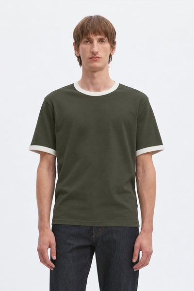 Selected Taj Ringer Mid Peach O-Neck Tee Forest Night