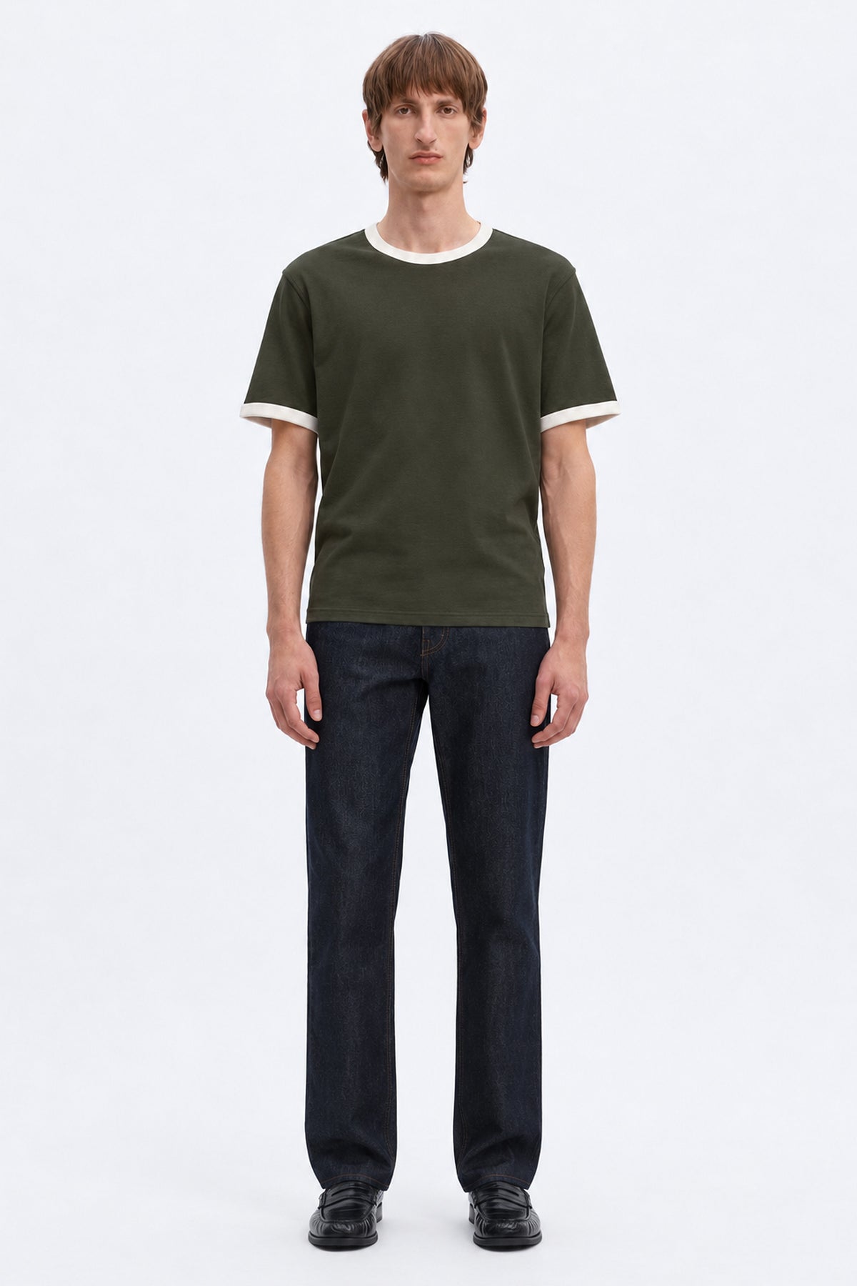 Selected Taj Ringer Mid Peach O-Neck Tee Forest Night