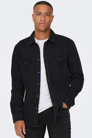 ONLY & SONS Bane Regular Fit Denim Shirt Dark Grey Denim