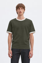 Selected Taj Ringer Mid Peach O-Neck Tee Forest Night