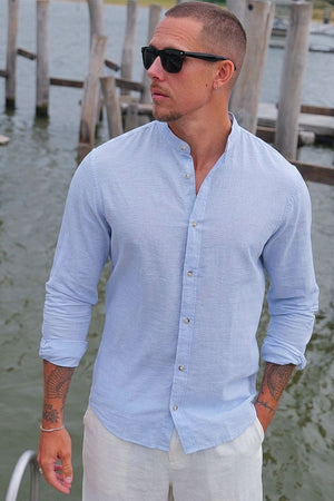 Jack & Jones Summer Shirt Linen Blend Band LS Celestial Blue