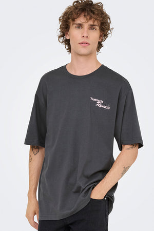 ONLY & SONS Nathan Backprint Relaxed Fit Tee Grey Pinstripe Remos