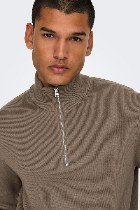 ONLY & SONS Phil Cotton Half Zip Knit Desert Taupe